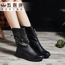 Happy 1111 Women Winter Handmade Long Boots Genuine Leather Casual Martin Boots For Women Motorcycle Shoes