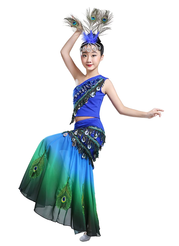 Детское традиционное индийское платье для танцев с павлином для девочек, костюм для танца живота с блестками, 2 предмета для девочек, детская Одежда для танцев для девочек, DWY1065