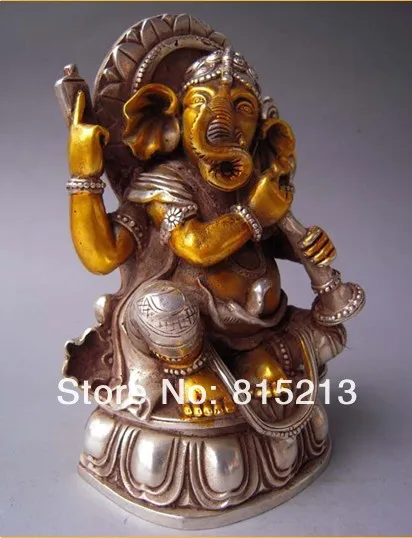 Ван 00090 Тибет свинка серебро бронза слон возглавлял Бога Ганеши Статуя