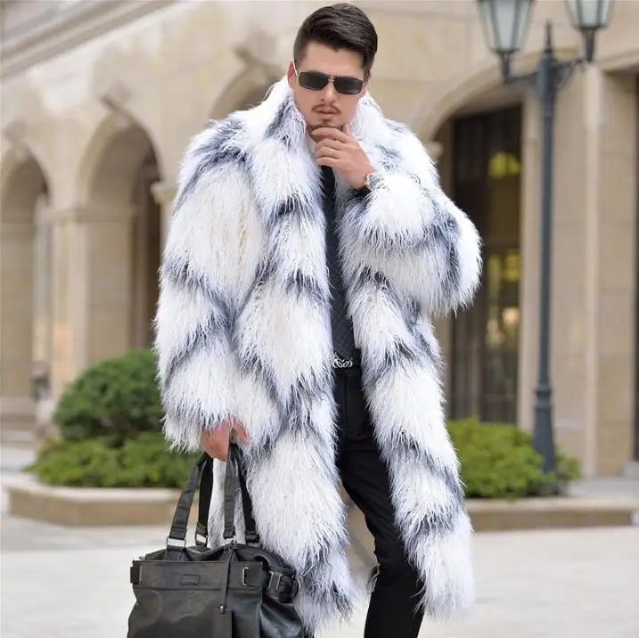 Men's Winter Faux Rabbit Fur Jacket Loose Fit Mid Long Coat Lapel Outwear Warm 