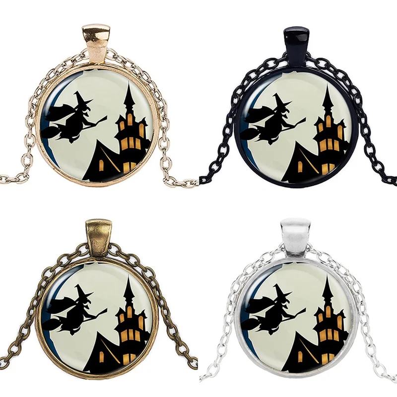 

New Style Vintage Halloween Witch Time Stone Pendant Necklace Gold Sliver Color Pendants Charm Chain Necklace Jewelry