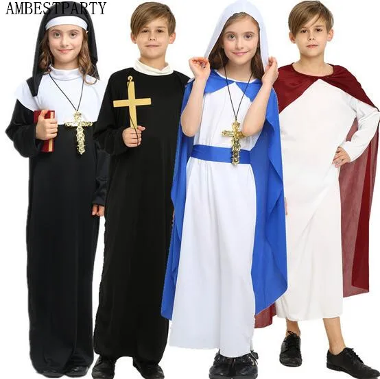 

New Child Adult Cosplay Priest Costume Children Halloween Party Clothing Mary Dress Jesus Costume Black Nun Robe AMBESTPARTY