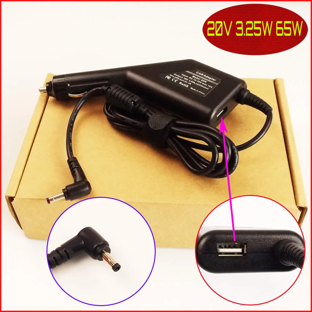 Автомобильный адаптер питания для ноутбука DC 20V 3.25A 65W + usb-порт Lenovo Ideapad 310-14ISK 80SL