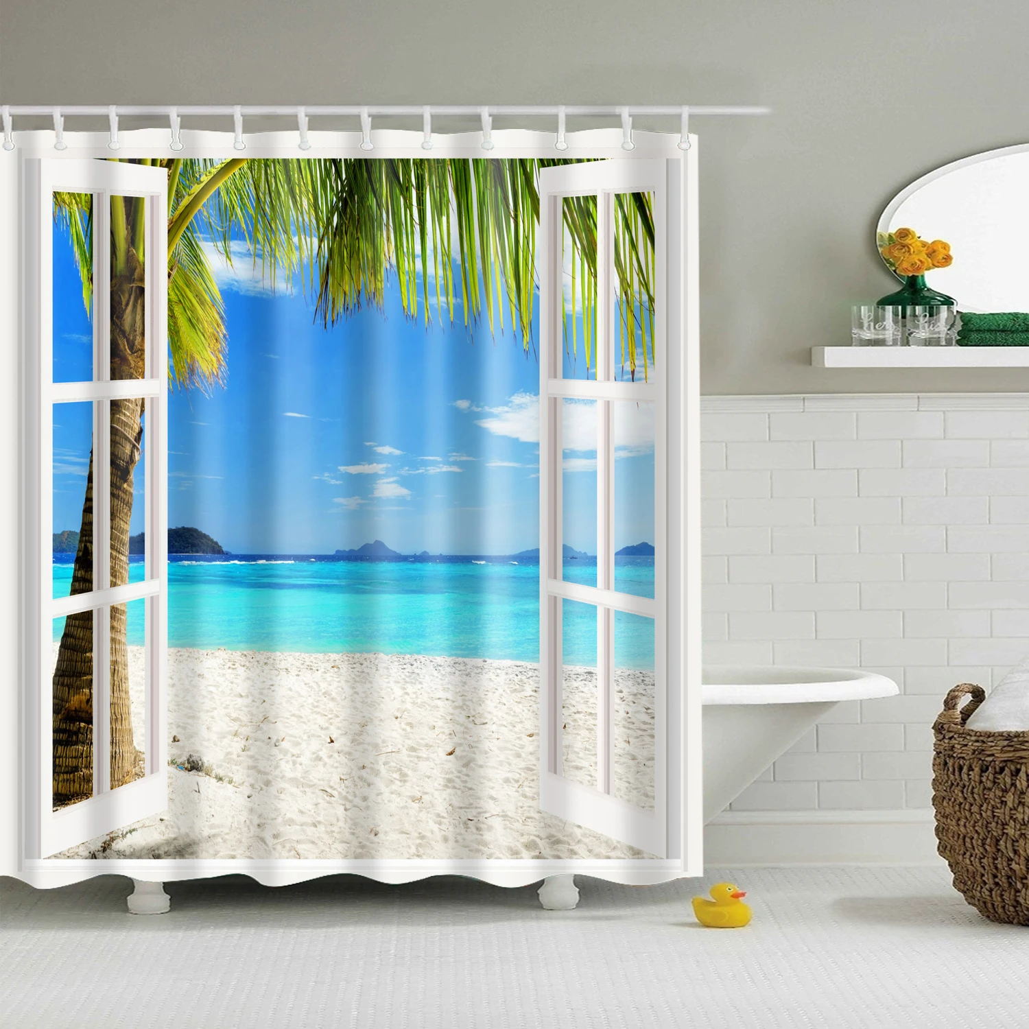 Blue Sky sea Landscape False window Shower Curtain wash Bathroom shower Waterproof Mildewproof Decor with hooks 180x200 cm large