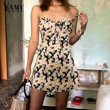 Летнее пляжное платье, элегантное винтажное кавайное желтое Цветочное платье-туника на бретельках, бохо Повседневный Сарафан с открытой спиной, мини платье в богемном стиле