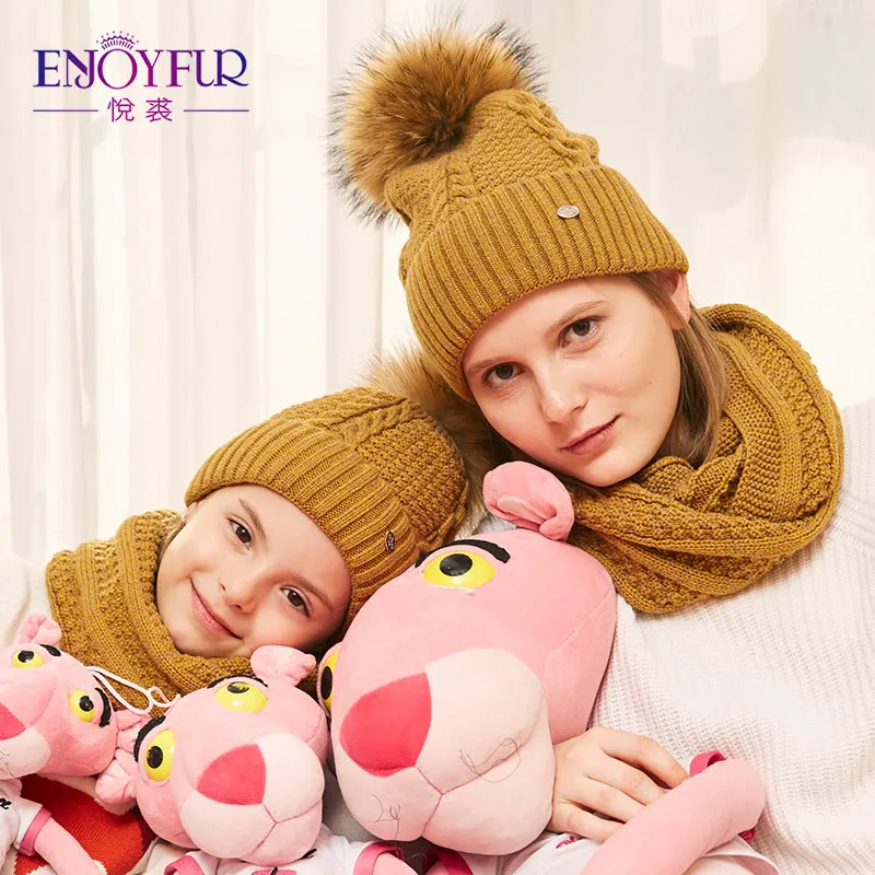 ENJOYFUR зимний шарф, шапка, набор для детей, девочек, женский шарф с шапкой из меха, помпон, родитель-ребенок, пара, семейные шапки для зимы