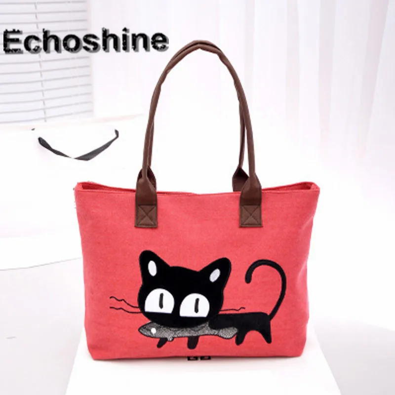 Canvas shopping bag cute cat supermarket trolley bags large capacity