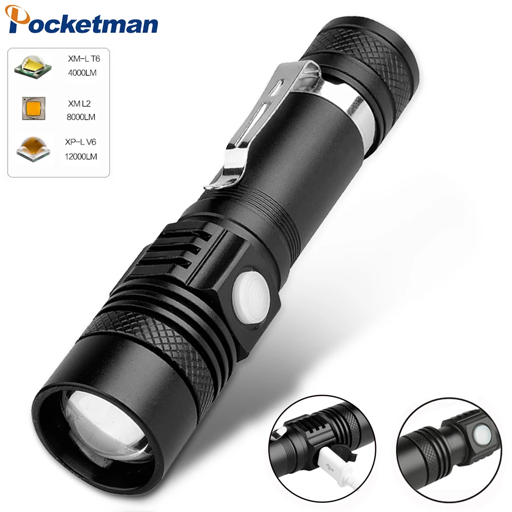 

12000LM Super Bright Led flashlight USB linterna led torch T6/L2/V6 Power Tips Zoomable Bicycle Light 18650 Rechargeable