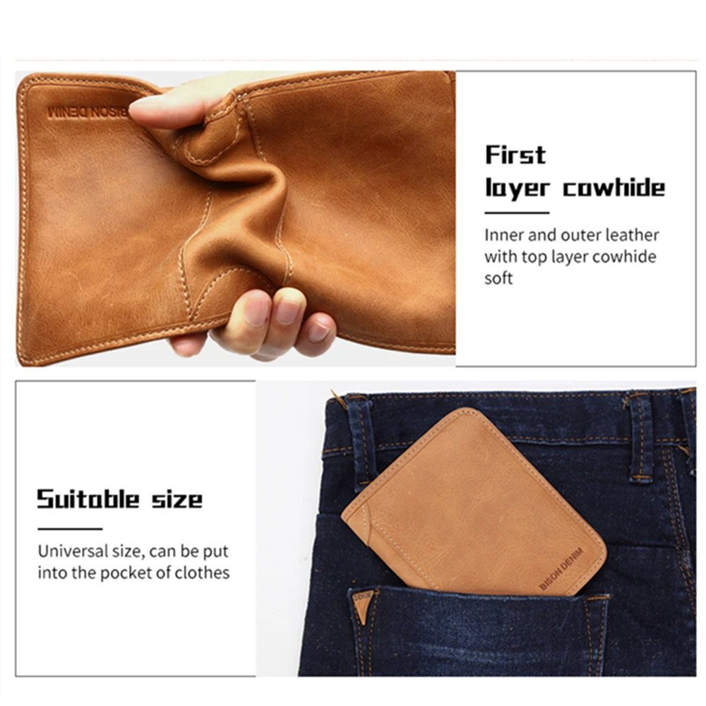 BISON DENIM Genuine Leather RFID wallet Men red brown vintage purse card holder Brand men wallets dollar price Male Purse 4361