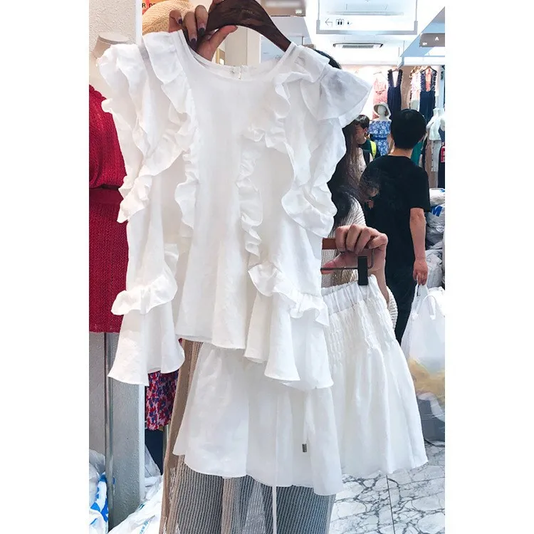 

Women Solid Ruffles Sleeveless 2 Pieces Set 2019 Summer T Shirt Elastic Skirt Shorts Loose Sets Outfits Tracksuits