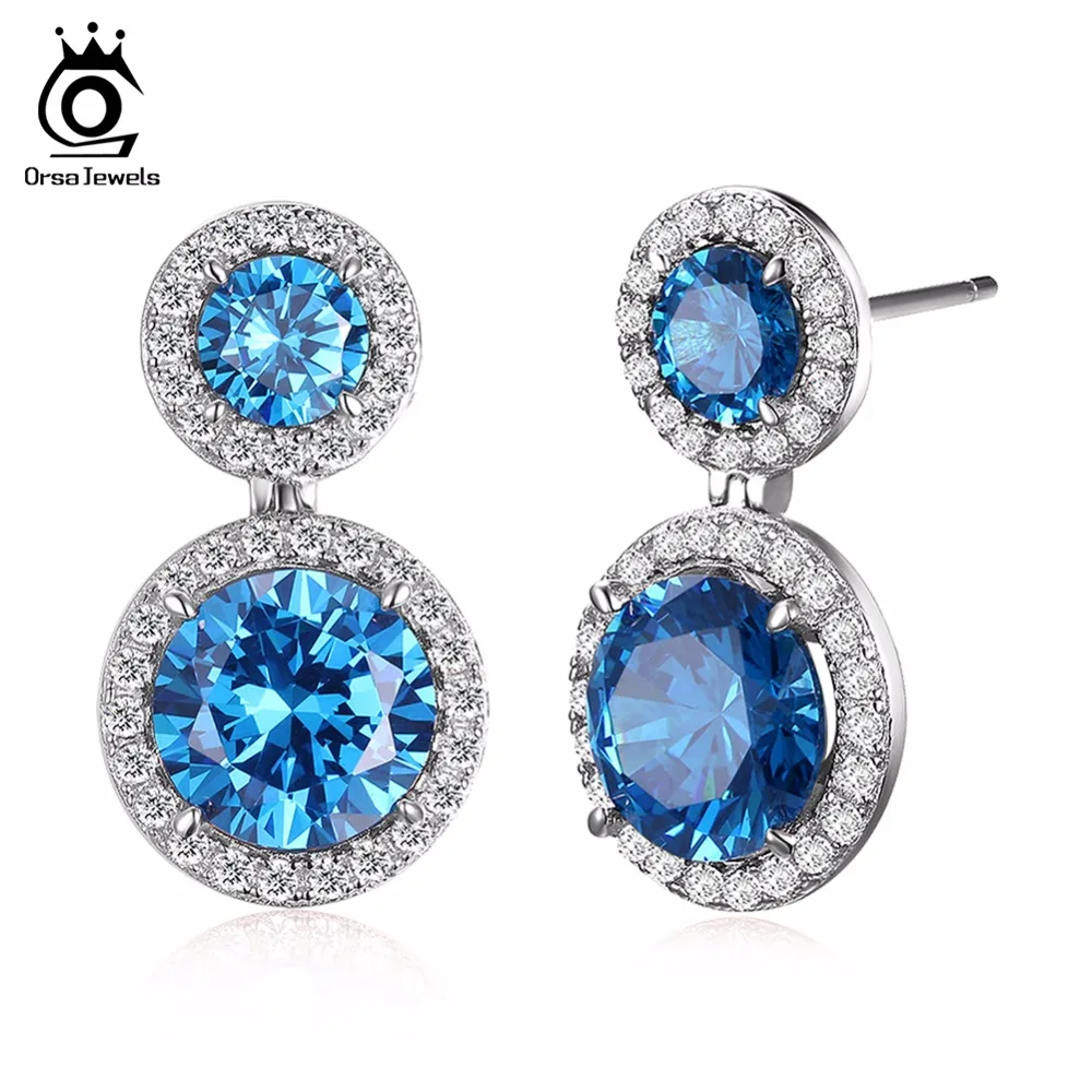 

ORSA JEWELS 2019 Silver Color Earrings Dangling Luxury Blue Cubic Zirconia Micro Paved CZ for Women Fashion Party Jewelry OE161