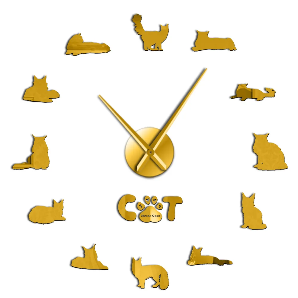 Портрет кошки мейн-кун 3D акриловые DIY настенные часы котенок порода животные немой часы с зеркальной поверхностью подарок для любимого питомца - Цвет: Gold