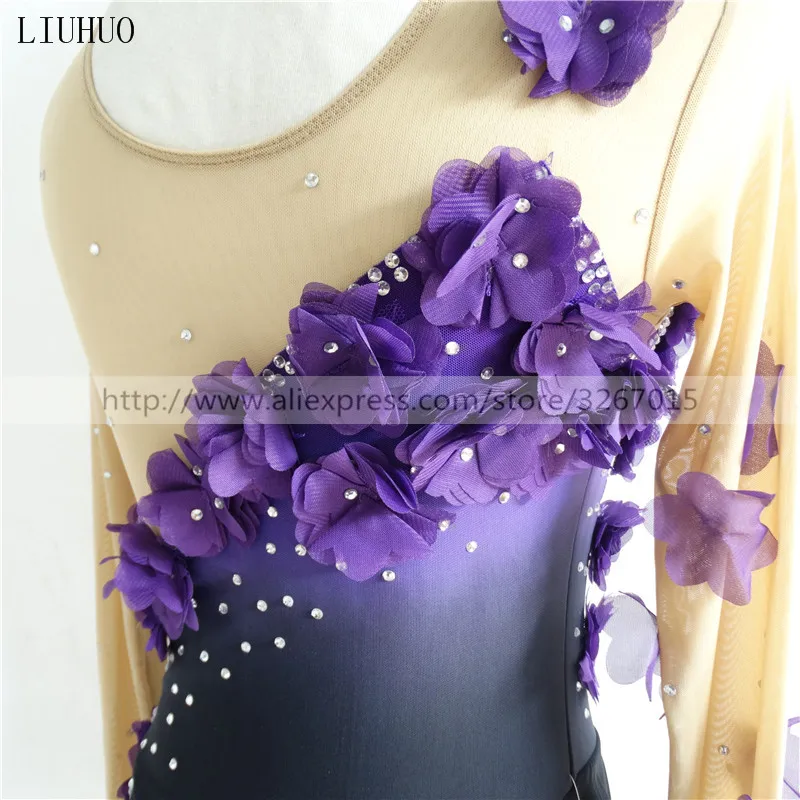 Figure Skating Dress Women's Girls' Ice Skating Dress Purple flower black Round neck long sleeve Competition Stripe pattern 