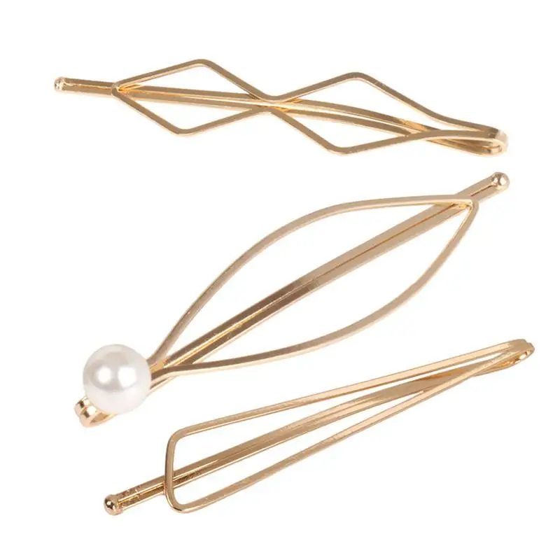 

3pcs Minimalist Dainty Pearl Marquise Triangle Rhombus Infinity Gold Geometric Hairpin Hair Clip Clamps Accessories