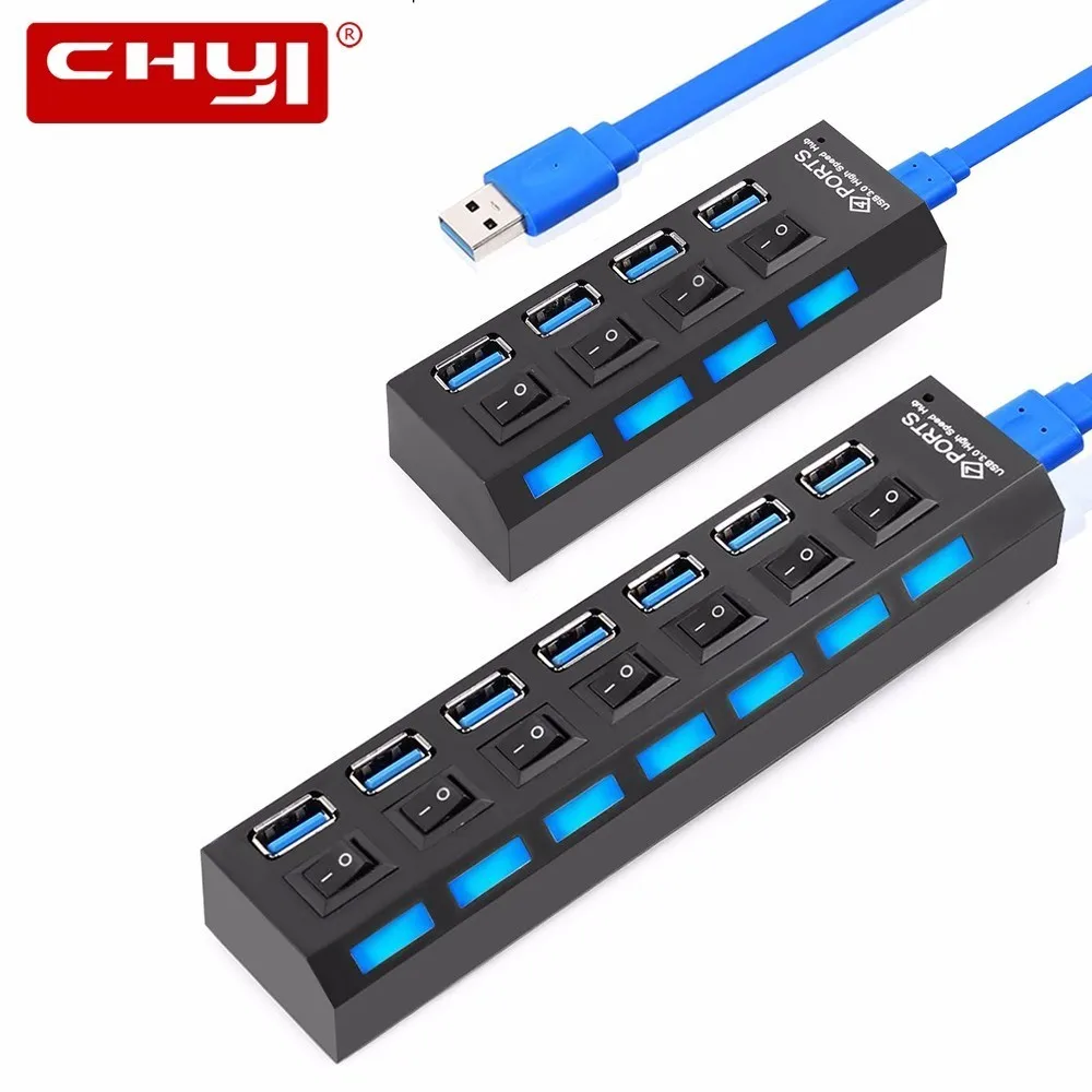 

CHYI Mini USB HUB 3.0 Super Speed 5Gbps 4/7 Ports Portable On/Off Switch Splitter With DC 5V Power Input For PC Laptop Desktop