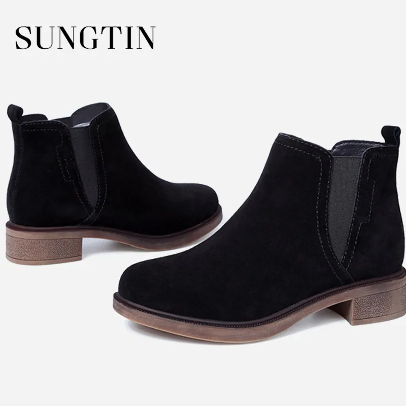 Heißer Runde Kurze Frau Stiefel Ferse Kappe Schwarzes on Chelsea Wildleder Verkauf Herbst Niedrigen Frauen Stiefeletten grau Casual Sungtin Slip zZdqHwH