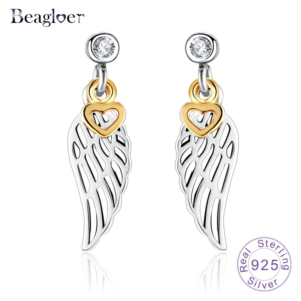 Beagloer Новая мода Серебро 925 пробы пуссет перо серьги золотистого цвета серьги в форме сердечка для Для женщин PSER0005-B