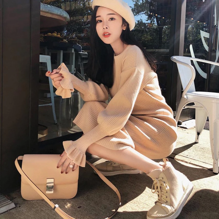 

Women Dress Sweater Butterfly Sleeve Long Sleeve Long O-Neck Solid Color Slim Dress Korean Version Of Casual New Style 2018
