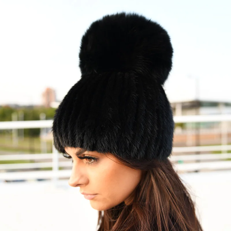 

CX-C-16M Hot Sale Real Mink Fur Knitted Winter Fur Hats with Fox Pom