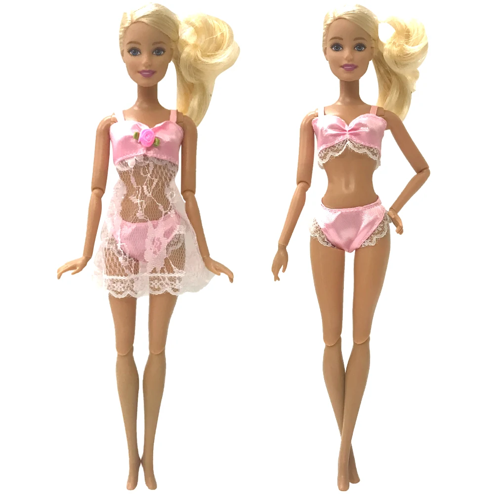 

NK 3items/Set Doll Pink Pajamas Gown Underwear Lingerie Bra Lace Dress Clothes For Barbie Dolls Accessorie Gift For Child 003A