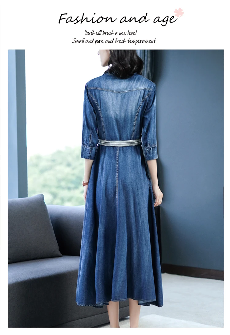 Dress Women Boho Long Denim Vestidos Half Sleeve A-line Blue Elegant Vintage Denim Jeans Dresses