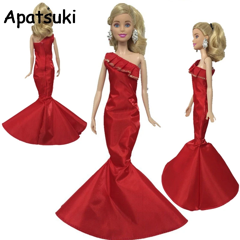 

1/6 Red High Fashion Mermaid Fishtail Doll Dress For Barbie Doll Clothes Evening Dresses One Shoulder Ruffles Party Gown Vestido