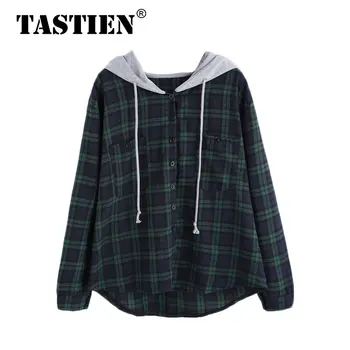 

TASTIEN Sweatshirt Pullover Women Hoodies Sweatshirts Autumn Ladies Plaid Button Pocket Sweatshirt With Contrast Hood