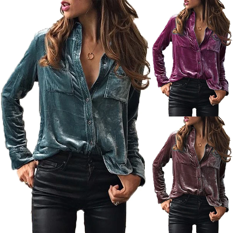 Women Shirts Turn Down Collar Blouse 2018 Fashion Long Sleeve Velvet Blusas Button Female Blouses Tops 3 Color LJ8153V