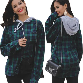 

European Style Spring Explosion Women's Contrast Plaid Chest Pocket Top Personality Hooded Drawstring Shirt Sweatshirt