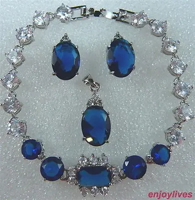 

Wholesale fast SHIPPING >>>> Blue Cubic Zirconia Crystal 18KWGP Bracelet Pendant Necklace Earrings Set