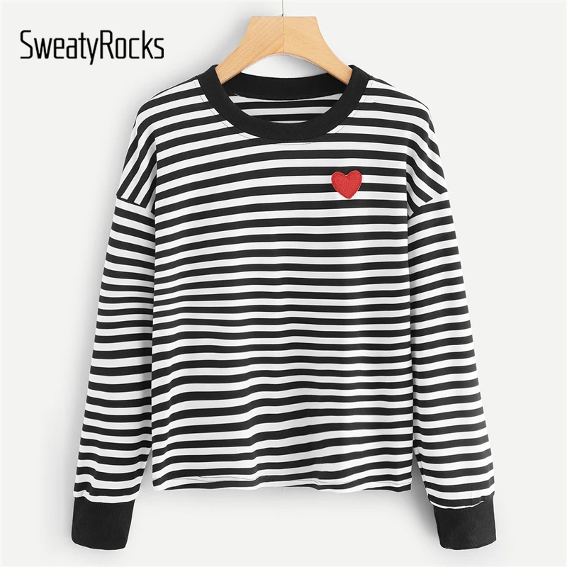 SweatyRocks Black And White Casual Campus Heart Embroidery Front Striped Long Sleeve Tee 2018 Autumn Minimalist Women Tshirt Top