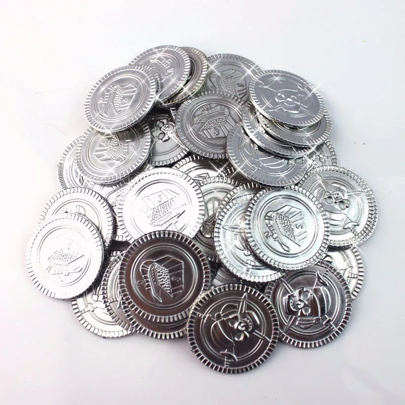 

100&50Pcs & dozen Plastic Pirate silver Coins Treasure Toys Coins Captain Pirate Halloween Christmas Decoration Game Currency
