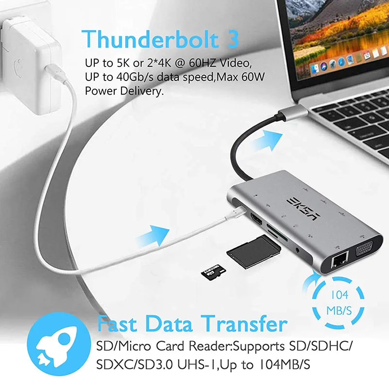 EKSA Multifunction USB HUB 10 in 1 Type C Hub 3.0 With Power Adapter HDMI RJ45 VGA Thunderbolt 3 For Macbook Pro Samsung Galaxy EKSA Multifunction USB HUB 10 in 1 Type C Hub 3.0 With Power Adapter HDMI RJ45 VGA Thunderbolt 3 For Macbook Pro Samsung Galaxy