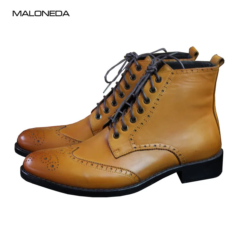 MALONEDA Custom Made Brogue or Wingtip Goodyear Craft Boots Man Handmade Classic Genuine Leather Oxford Shoes Yellow Orange