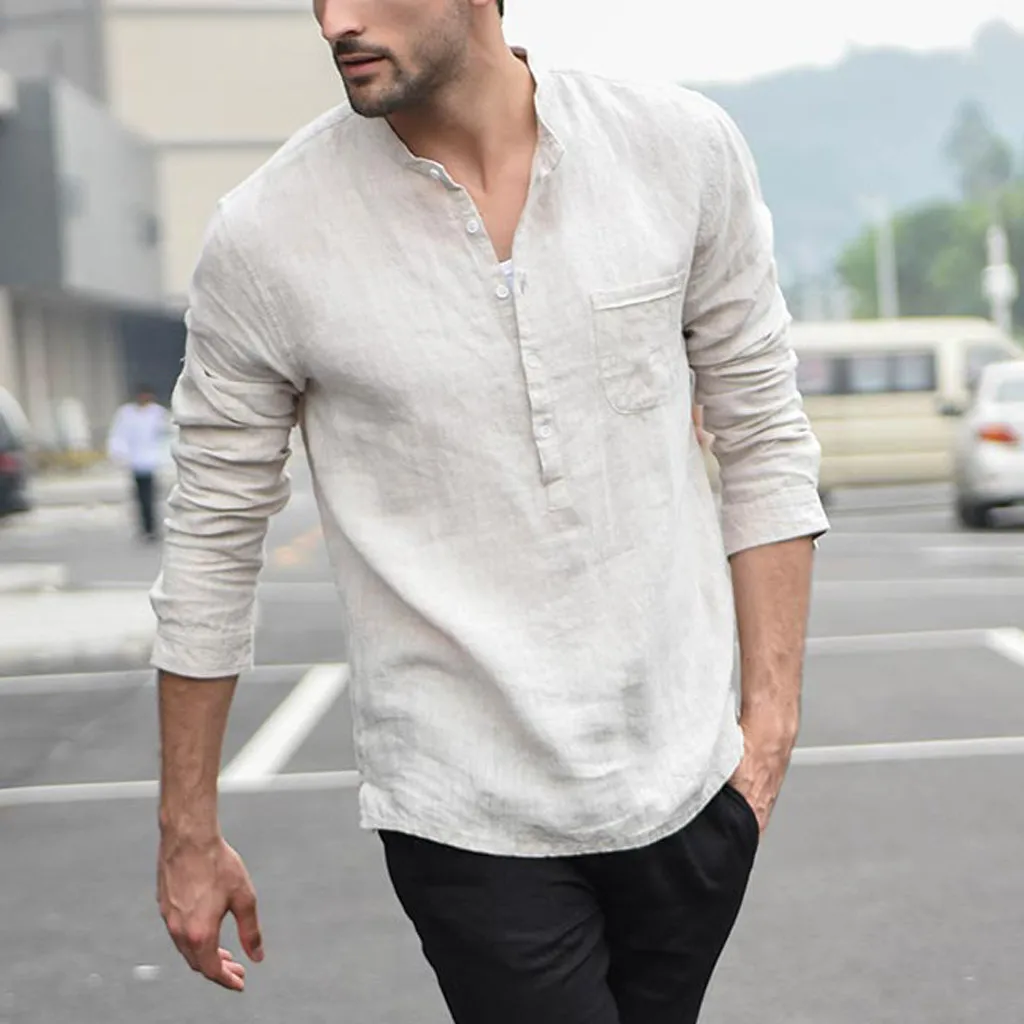 Camisa masculina Мужская винтажная однотонная льняная Однотонная рубашка с длинными рукавами, ретро Рубашки, Топы, блузка
