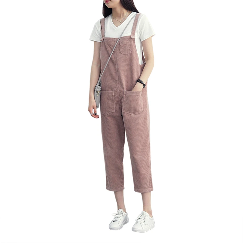 

Harajuku Loose Women Jumpsuit Corduroy Overall Spring Autumn Solid Strap Pockets romper cute Straight Jumpsuit Ankle-Length pant