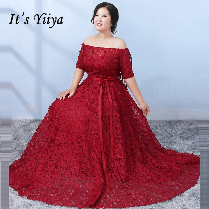 

It's YiiYa Evening Dress 2018 Boat Neck Half Sleeve Plus Size Bow Sashes Fashion Designer A-Line Girls Party Dress DM060