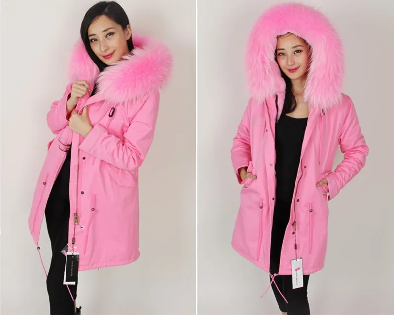 Furlove Women Winter Parkas Large Real Raccon Fur Parka Pink Faux Fur Liner Thickening Long Jacket Overcoat