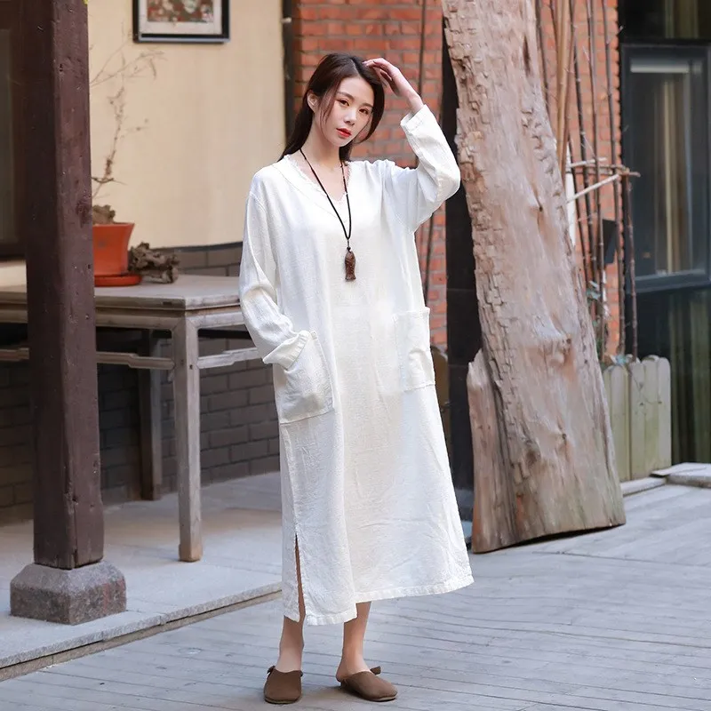 2019 Fall Women Casual V Neck Long Sleeve Plus Size Dress Loose Pockets ...