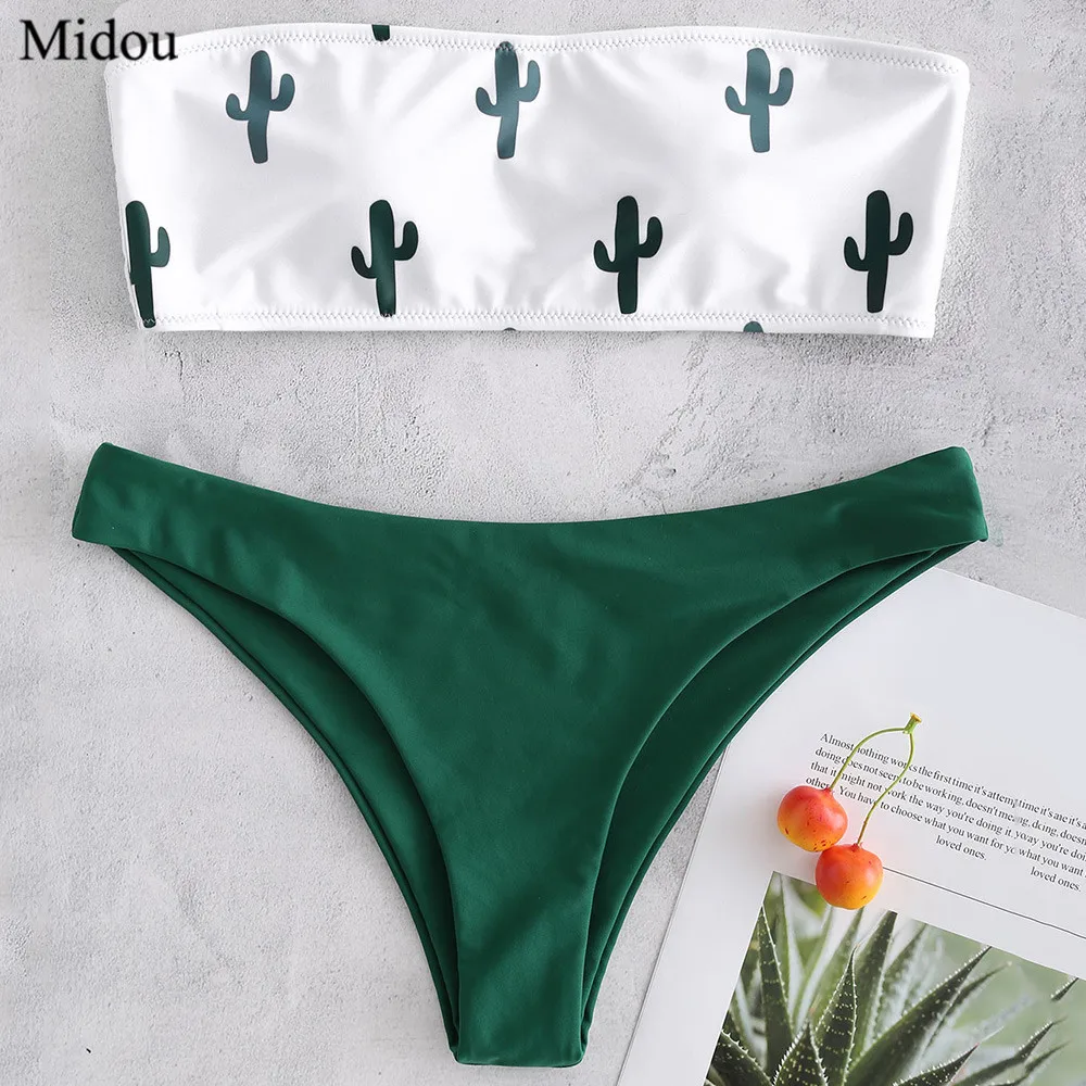 

Bikinx Bandeau swimwear green push up swimsuit female Cactus Print bikini 2019 sexy bathing suit beach bathers Biquini micro set