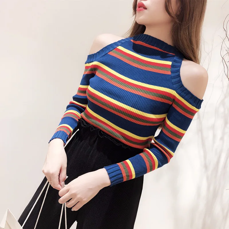 

Women Sexy Off Shoulder Knitted Sweaters and Pullovers Autumn Striped Hit Color Fashion Slim Elastic Tops Long Sleeve Female