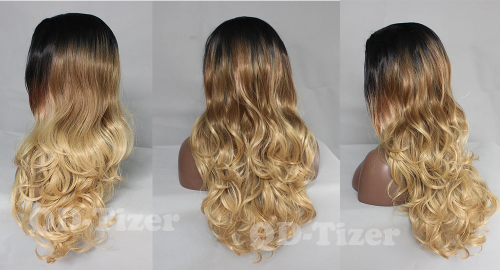 QD-Tizer 3 Tones Synthetic Lace Front Wig Ombre Blonde with Dark Brown Root Lace Front Wigs Long Body Wavy Wigs For Black Women 5