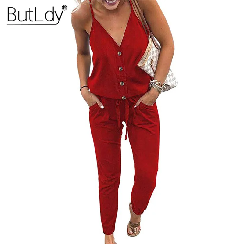 الصيف 2019 مثير بذلة النساء عميقة V الرقبة عارضة بذلة الصيف رومبير 2019 واسعة الساق ارتداءها فضفاض مكتب سيدة وزرة