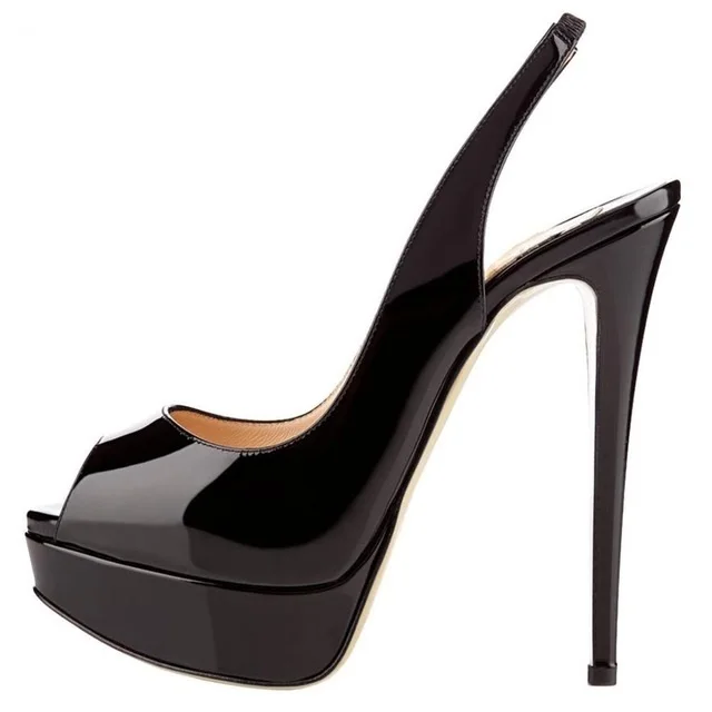 

Fashion Black Patent Leather Women Pumps Peep Toe Slingback Stilettos Shoes for Women Sexy Plus Size High Platform Ladies Dress