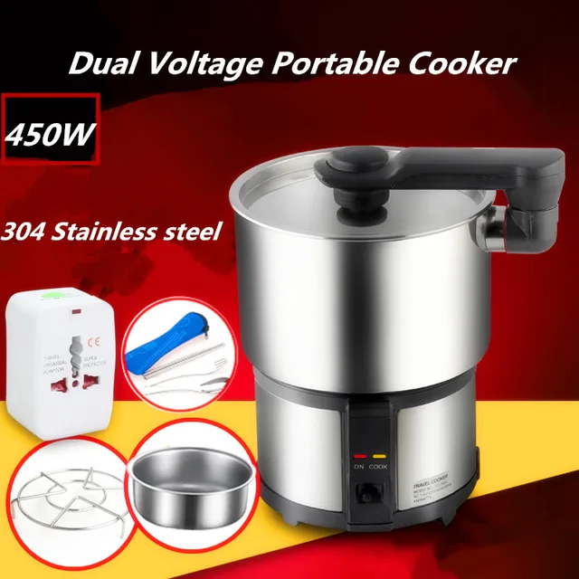 110V/220V Dual Voltage Travel Cooker 304 Stainless Steel Portable Mini