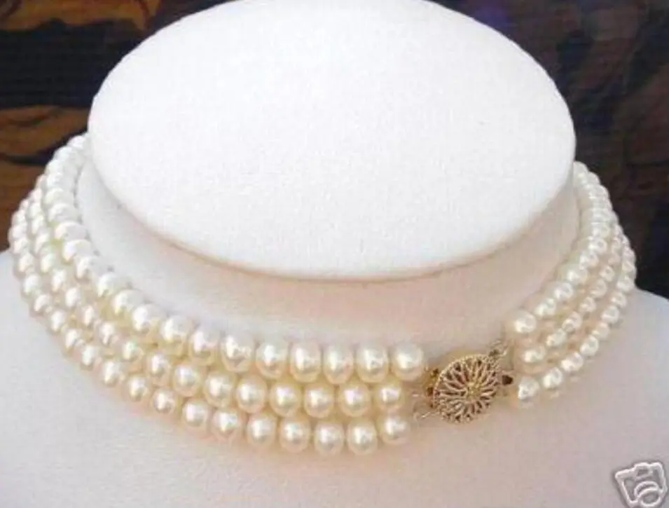 

Hot selling free shipping********3 ROWS 7-8MM White Akoya Cultured Pearl Choker Necklace 16-18"