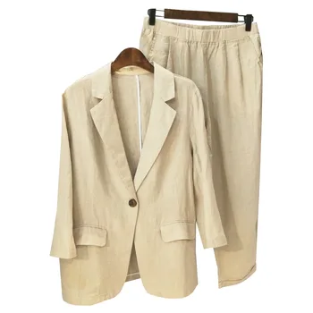 

plus size Women Casual Linen suit Women Formal Suits Sets Loose Suits blazers and pants 2 Pieces OL Office lady Work pants Suits