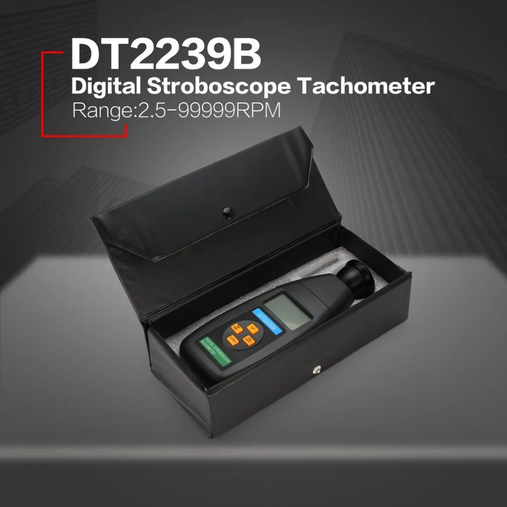 DT2240B цифровой ЖК-дисплей Бесконтактный стробоскоп Тахометр фотоэлектрический измеритель оборотов Тестер спидометра 60~ 19999 ОБ/мин