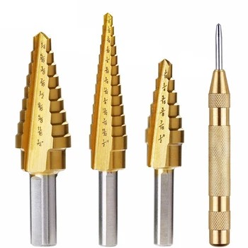 

4 Pcs Heavy Duty Titanium Step Drill Bit Set with Automatic Center Punch