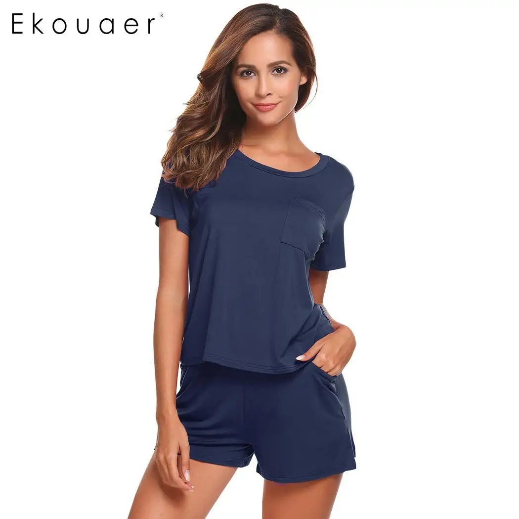 Ekouaer, женские пижамные комплекты, круглый вырез, короткий рукав, одноцветная одежда для сна, карманы, шорты, ночные рубашки, повседневная женская домашняя одежда - Цвет: Blue